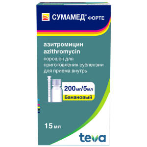 Купить  Сумамед Форте порошок д/сусп д/внутр 200мг/5мл 16,74г 15мл банан
