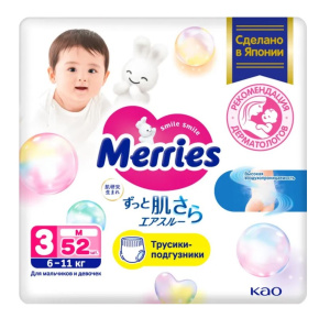 Купить  Merries 52 шт трусики-подгузники размер М (6-11 кг)