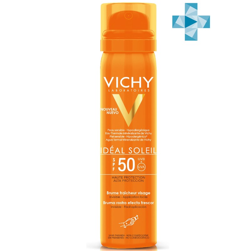 Купить Vichy Ideal Soleil спрей-вуаль 75мл д/лица SPF 50+ освежающ