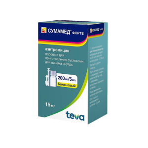 Купить  Сумамед Форте порошок для приготовления суспензии для приема внутрь 200мг/5мл 16,74г 15мл банановый