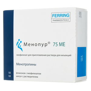 Купить Менопур лиофилизат для приготовления раствора для внутримышечного введения 75МЕ фл №10 + 75МЕ