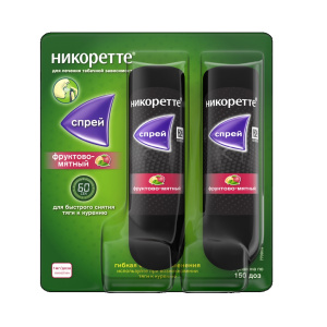 Купить  Никоретте фруктово-мятный спрей д/слизист обол полости рта дозир 1мг/доз 150ДОЗ 13,2мл №2