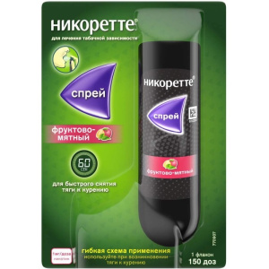 Купить  Никоретте фруктово-мятный спрей д/слизист обол полости рта дозир 1мг/доз 150ДОЗ 13,2мл