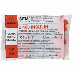 Купить  Шприц инсулин SFM U-100 1мл №10 3-х комп с иглой