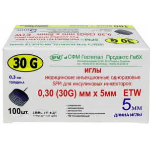 Игла д/шприц-ручек SFM 30G (0,30х5мм) №100 Купить Игла д/шприц-ручек SFM 30G (0,30х5мм) №100