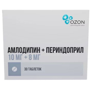 Купить  Амлодипин + Периндоприл 10 мг + 8 мг 30 шт таблетки