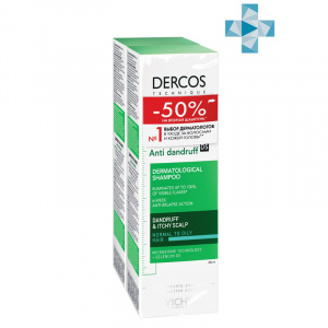Купить  Vichy Dercos шампунь-уход интенсивный против перхоти для нормальных и жирных волос 200мл, 2 шт